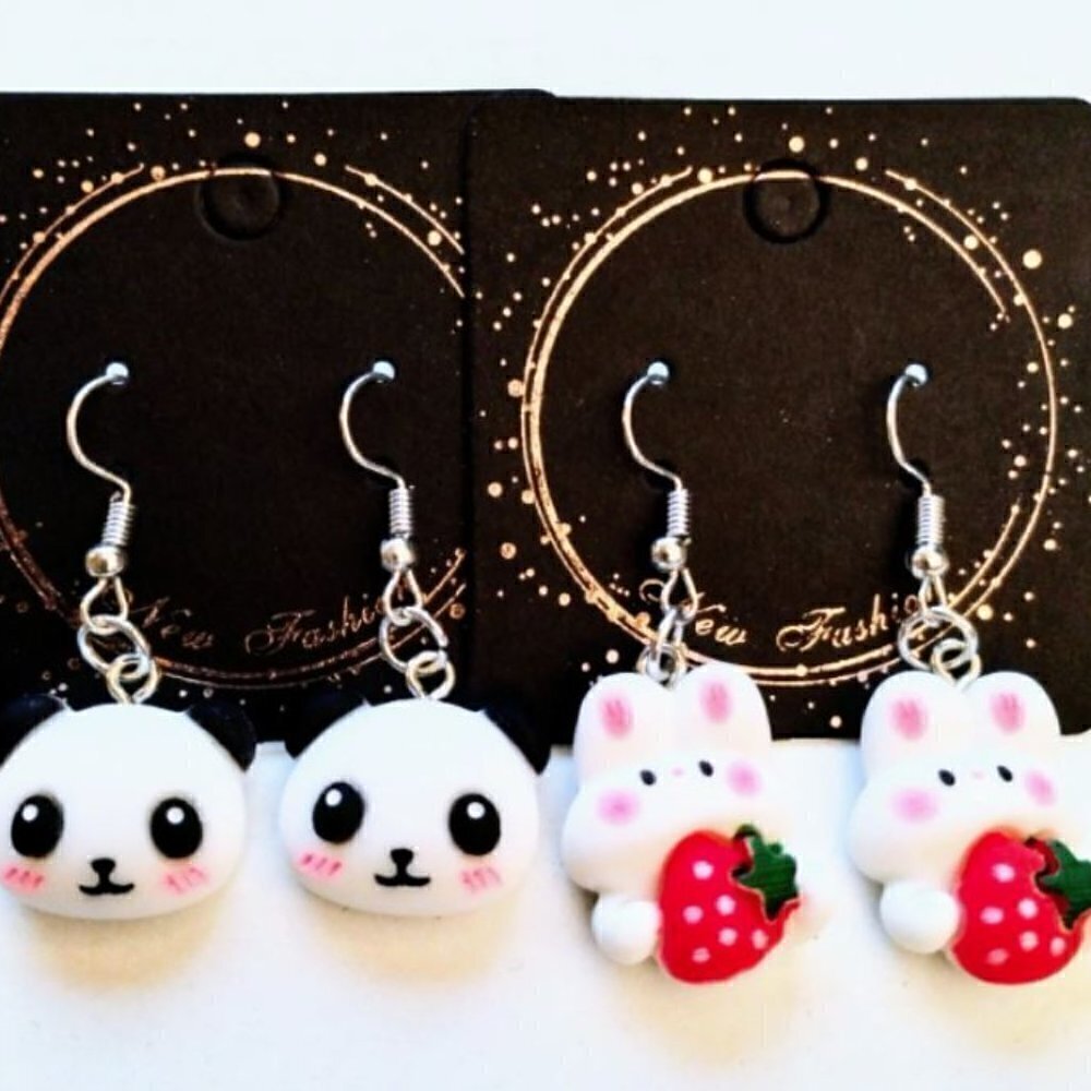 Handmade Set of 2 pairs of Kawaii Panda and Bunny Earrings